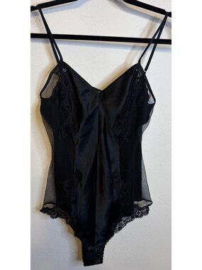 Vintage Victoria's Secret Bodysuit Black Sheer Lace Teddy beaded Mesh Sides Sz M